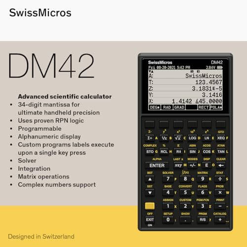 SwissMicros DM42 RPN Hesap Makinesi - Gelişmiş Bilimsel Hesap Makinesi - Yüksek Çözünürlüklü Ekranlı ve Metal Kasalı Programlanabilir Ters Polonyalı Hesap Makinesi - 7