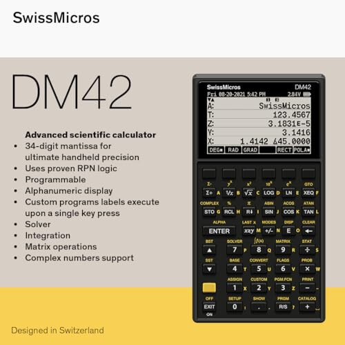 SwissMicros DM42 RPN Kalkulatori - Ilg'or ilmiy kalkulyator - Yuqori pikselli ekran va metall korpusli rejalashtirilishi mumkin bo'lgan teskari Polsha notatsiyasi kalkulatori - 7