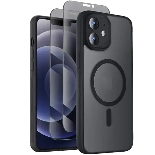 Symcele Designed for iPhone 12 Case, Black | Compatible with MagSafe, with Privacy Screen Protectors X2, [Camera Protection] [15FT Drop Protection] Shockproof Case 6.1