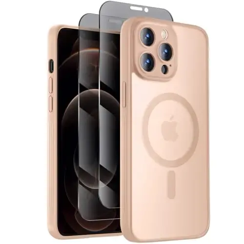 Symcele Designed for iPhone 12 Case, Light Brown | Compatible with MagSafe, with Privacy Screen Protectors X2, [Camera Protection] [15FT Drop Protection] Shockproof Case 6.1