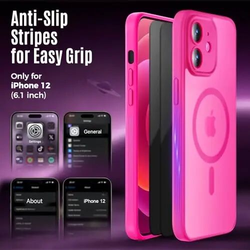 Symcele Designed for iPhone 12 Case, Hot Pink | Compatible with MagSafe, with Privacy Screen Protectors X2, [Camera Protection] [15FT Drop Protection] Shockproof Case 6.1
