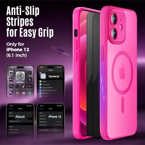 Symcele Designed for iPhone 12 Case, Hot Pink | Compatible with MagSafe, with Privacy Screen Protectors X2, [Camera Protection] [15FT Drop Protection] Shockproof Case 6.1