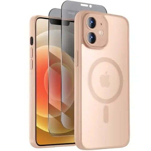 Symcele Designed for iPhone 12 Case, Light Brown | Compatible with MagSafe, with Privacy Screen Protectors X2, [Camera Protection] [15FT Drop Protection] Shockproof Case 6.7