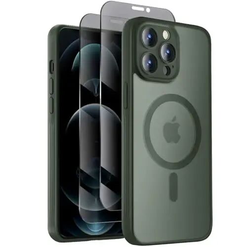 Symcele Designed for iPhone 12 Pro Case, Alpine Green | Compatible with MagSafe, with Privacy Screen Protectors X2, [Camera Protection] [15FT Drop Protection] Shockproof Case 6.1