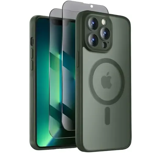Symcele Designed for iPhone 13 Pro Max Case, Alpine Green | Compatible with MagSafe, with Privacy Screen Protectors X2, [Camera Protection] [15FT Drop Protection] Shockproof Case 6.7