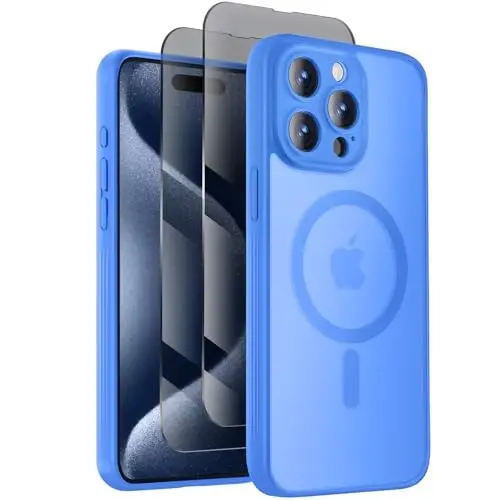 Symcele Designed for iPhone 15 Pro Case, Compatible with MagSafe, with Privacy Screen Protectors X2, [Camera Protection] [15FT Military Drop Protection] Shockpoof Phone Case, 6.1'', Blue 
