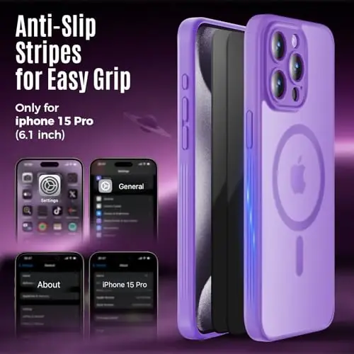 Symcele Designed for iPhone 15 Pro Case, Compatible with MagSafe, with Privacy Screen Protectors X2, [Camera Protection] [15FT Military Drop Protection] Shockpoof Phone Case, 6.1'', Light Purple - 6