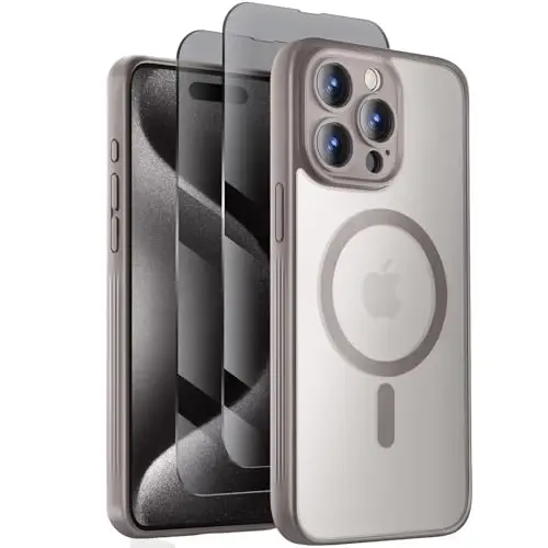 Symcele Designed for iPhone 15 Pro Case, Compatible with MagSafe, with Privacy Screen Protectors X2, [Camera Protection] [15FT Military Drop Protection] Shockpoof Phone Case, 6.1'', Natural Titanium 