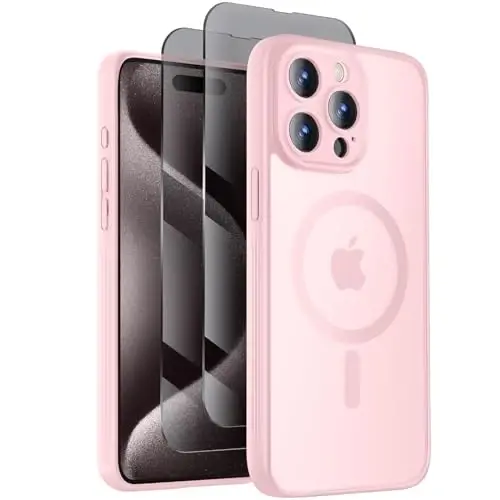 Symcele Designed for iPhone 15 Pro Case, Compatible with MagSafe, with Privacy Screen Protectors X2, [Camera Protection] [15FT Military Drop Protection] Shockpoof Phone Case, 6.1'', Pink 