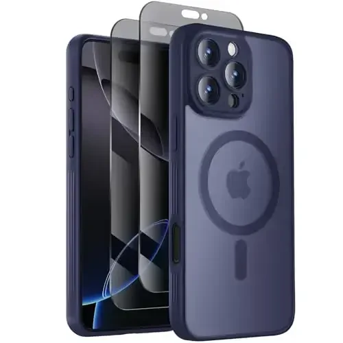 Symcele Designed for iPhone 16 Pro Case, Compatible with MagSafe, with Privacy Screen Protectors X2, [Camera Protection] [15FT Military Drop Protection] Shockproof Phone Case, 2024, Navy Blue - SYMCELE