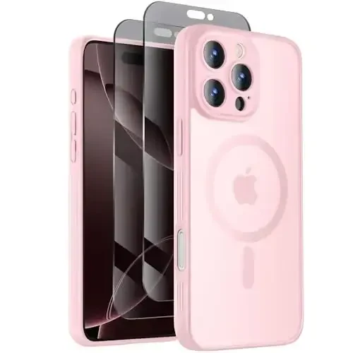 Symcele Designed for iPhone 16 Pro Case, Compatible with MagSafe, with Privacy Screen Protectors X2, [Camera Protection] [15FT Military Drop Protection] Shockproof Phone Case, 2024, Pink - SYMCELE
