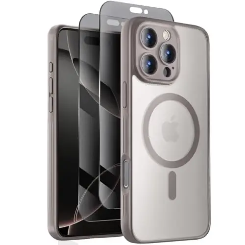 Symcele Designed for iPhone 16 Pro Max Case, Compatible with MagSafe, with Privacy Screen Protectors X2, [Camera Protection] [15FT Drop Protection] Shockproof Phone Case, 2024, Natural Titanium - SYMCELE