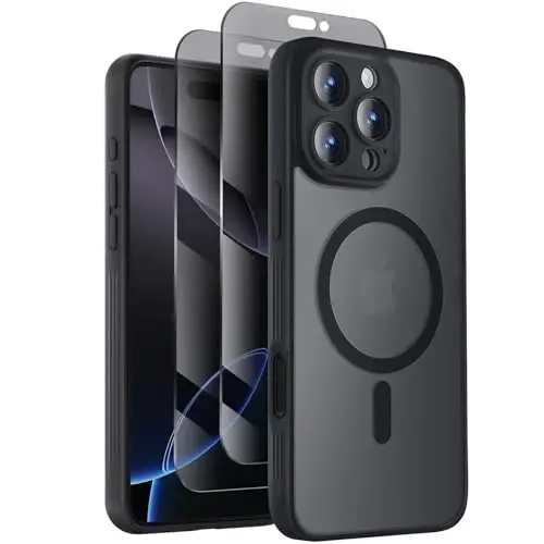 Symcele Designed for iPhone 16 Pro Max Case, Compatible with MagSafe, with Privacy Screen Protectors X2, [Camera Protection] [15FT Military Drop Protection] Shockproof Phone Case, 2024, Black 