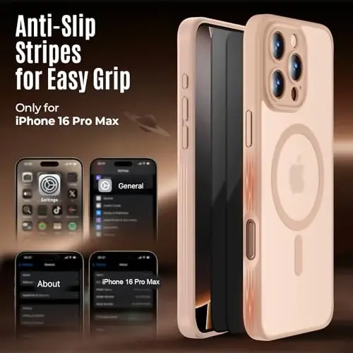 Symcele Designed for iPhone 16 Pro Max Case, Compatible with MagSafe, with Privacy Screen Protectors X2, [Camera Protection] [15FT Military Drop Protection] Shockproof Phone Case, 2024, Light Brown 