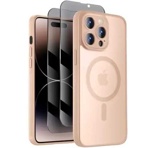 Symcele iPhone 14 Pro Kılıfı, Açık Kahverengi | MagSafe ile Uyumlu, 2 Adet Gizlilik Ekran Koruyuculu, [Kamera Koruması] [15FT Düşme Koruması] Darbeye Dayanıklı Kılıf 6.1