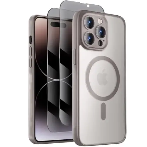 Symcele iPhone 14 Pro Kılıfı için Tasarlandı, Doğal Titanyum | MagSafe ile Uyumlu, Gizlilik Ekran Koruyucuları X2 ile, [Kamera Koruması] [15FT Düşme Koruması] Darbeye Dayanıklı Kılıf 6.1