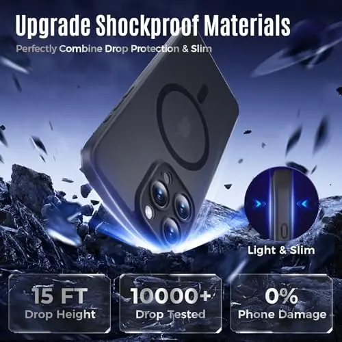 Symcele iPhone 15 Pro учун мослангән қоп, MagSafe билан мос, Privacy Screen Protectors X2 билан, [Камерани қорғош] [15FT ҳарбий тушиш ҳимояси] тебранишга чидамли телефон қобиғи, 6,1'', Қора - 5