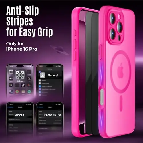 Symcele iPhone 16 Pro uchun mo'ljallangan g'ilof, MagSafe bilan mos, X2 maxfiylik ekran himoyachilari bilan, [Kamera himoyasi] [15FT Harbiy tomchi himoyasi] Zarba o'tkazmaydigan telefon g'ilofi, 2024, Hot Pink - 6