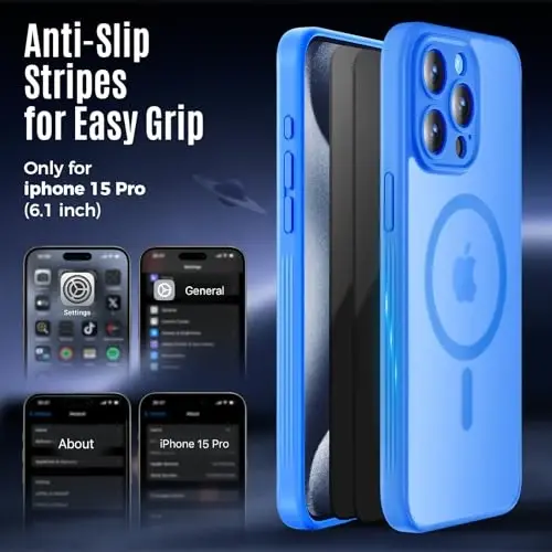 Symcele разработан для iPhone 15 Pro, совместим с MagSafe, с защитными пленками для экрана X2, [защита камеры] [военная защита от падений 15 футов], противоударный чехол для телефона, 6,1'', синий - 6