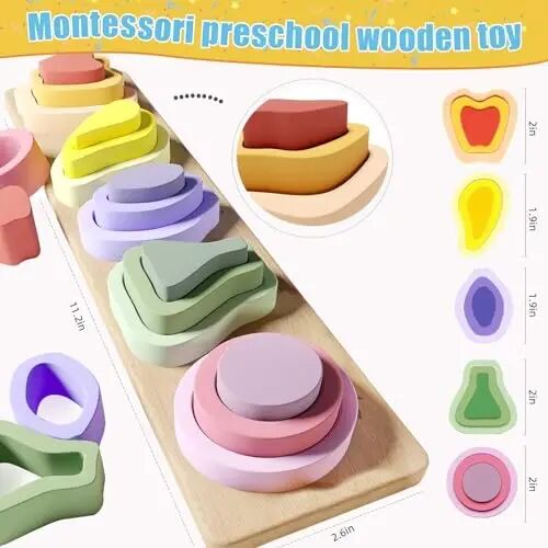Symdiro Montessori Toys for 1 2 3 Year Old Boys Girls - Wooden Sorting & Stacking Toys for Kids - Toddler Toys Age 1-3 - Shape Sorter and Color Stacker Preschool Kids Gifts - 3