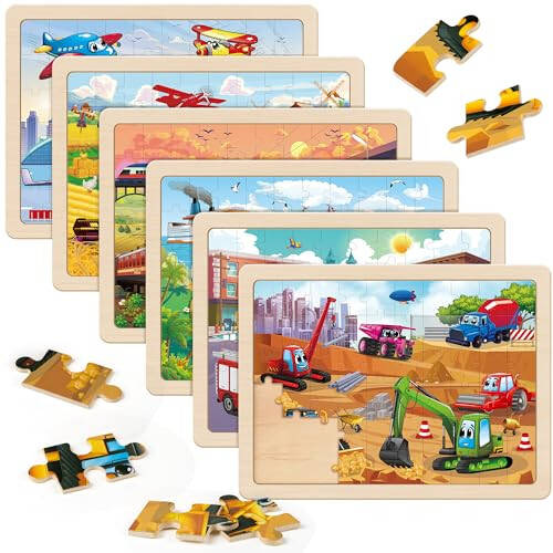 SYNARRY Wooden Vehicle Puzzles for Kids Ages 4-6, 6 Packs 60 PCs Jigsaw Puzzles Preschool Educational Toys Gifts for Children Ages 4-8, Kids Toys Gifts for 4+ Year Olds Boys Girls - 1