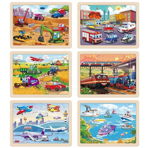 SYNARRY Wooden Vehicle Puzzles for Kids Ages 4-6, 6 Packs 60 PCs Jigsaw Puzzles Preschool Educational Toys Gifts for Children Ages 4-8, Kids Toys Gifts for 4+ Year Olds Boys Girls - SYNARRY (1)