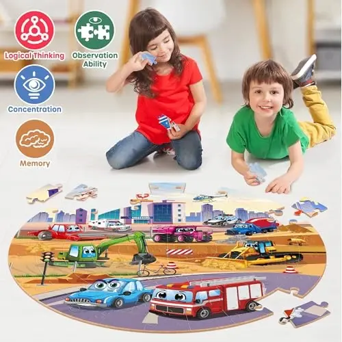 SYNARRY Vehicle Floor Puzzle for Kids Ages 3-5, Large 70 Piece Puzzle for Kids Ages 4-6, Preschool Toys Gifts for 3 4 5 6 7 8 Years Old Boys Girls Children, Easter Basket Stuffers for Boys Girls - 4