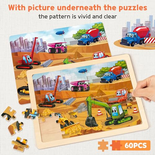 SYNARRY Wooden Vehicle Puzzles for Kids Ages 4-6, 6 Packs 60 PCs Jigsaw Puzzles Preschool Educational Toys Gifts for Children Ages 4-8, Kids Puzzles for 4+ Year Olds Boys Girls, Wood Puzzles Ages 3-10 - 3