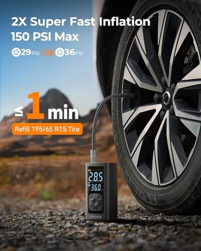 Syncwire Tire Inflator Portable Air Compressor - 150PSI 2X Faster Inflation Smart Air Pump for Car Tires [Extra-Large LCD] with Digital Pressure Gauge, Auto Shut-Off for Car, Motorcycle, Bike & Balls - SYNCWIRE (1)