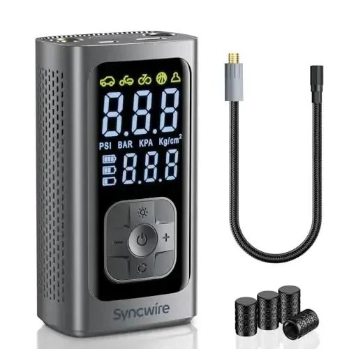 Syncwire Tire Inflator Portable Air Compressor - 150PSI 2X Faster Inflation Smart Air Pump for Car Tires [Extra-Large LCD] with Digital Pressure Gauge, Auto Shut-Off for Car, Motorcycle, Bike & Balls - SYNCWIRE