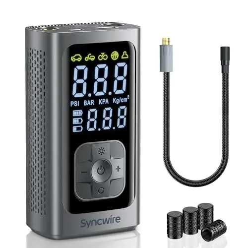 Syncwire Tire Inflator Portable Air Compressor - 150PSI 2X Faster Inflation Smart Air Pump for Car Tires [Extra-Large LCD] with Digital Pressure Gauge, Auto Shut-Off for Car, Motorcycle, Bike & Balls - 1
