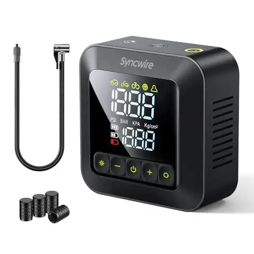 Syncwire Tire Inflator Portable Air Compressor 150PSI Air Pump for Car Tires [3X Faster] Inflation Electric Smart Tire Pump with Extra-Large LCD Dual Value Display [Free Car Tire Valve Caps], Auto-Off - SYNCWIRE