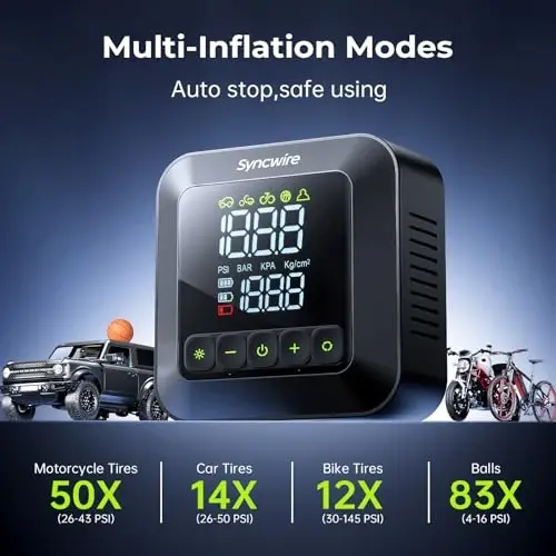 Syncwire Tire Inflator Portable Air Compressor 150PSI Air Pump for Car Tires [3X Faster] Inflation Electric Smart Tire Pump with Extra-Large LCD Dual Value Display [Free Car Tire Valve Caps], Auto-Off - 4