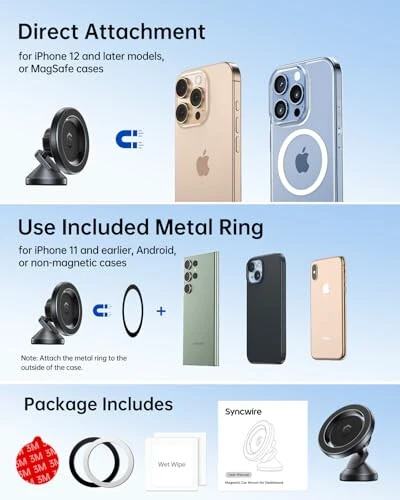 SYNCWIRE for MagSafe Car Mount - 360 Rotation Magnetic Phone Holder for Car Dashboard, Strong Magnets Car Phone Holder Mount Compatible iPhone 16 Pro Max 15 14 13 12,Samsung - MagSafe Car Accessories - 6