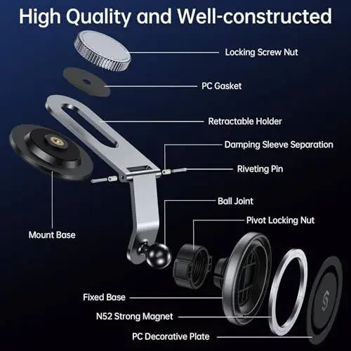 SYNCWIRE Fits MagSafe Car Mount for Universal Dashboard, Tesla Screen, Magnetic Phone Holder for Car, Foldable Aluminum Alloy Arm, Super Stable Car Mount for iPhone 16 Pro Max 15 14 13 12&All Phones - 5