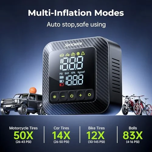 Syncwire Портативный Воздушный Компрессор 150PSI для Автомобильных Шин [В 3 Раза Быстрее] Электрический Насос с Большим ЖК-дисплеем [Бесплатные Колпачки для Вентилей], Автоотключение - 5