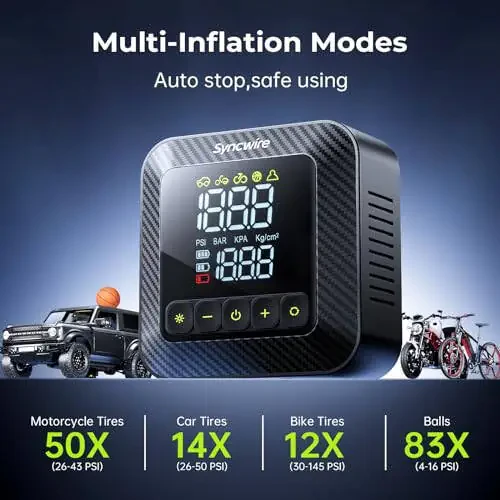 Syncwire Портативный Воздушный Компрессор 150PSI для Автомобильных Шин [В 3 Раза Быстрее] Электрический Насос с Большим ЖК-дисплеем [Бесплатные Колпачки для Вентилей], Автоотключение - 5
