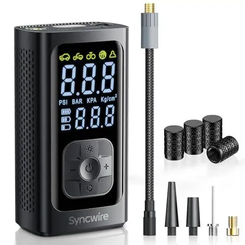 Syncwire Tire Inflator Portable Air Compressor - 150PSI 2X Faster Inflation Smart Air Pump for Car Tires [Extra-Large LCD] with Digital Pressure Gauge, Auto Shut-Off for Car, Motorcycle, Bike & Balls - 1