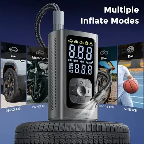 Syncwire Tire Inflator Portable Air Compressor - 150PSI 2X Faster Inflation Smart Air Pump for Car Tires [Extra-Large LCD] with Digital Pressure Gauge, Auto Shut-Off for Car, Motorcycle, Bike & Balls - 4