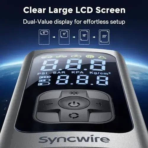 Syncwire Tire Inflator Portable Air Compressor - 150PSI 2X Faster Inflation Smart Air Pump for Car Tires [Extra-Large LCD] with Digital Pressure Gauge, Auto Shut-Off for Car, Motorcycle, Bike & Balls - 5