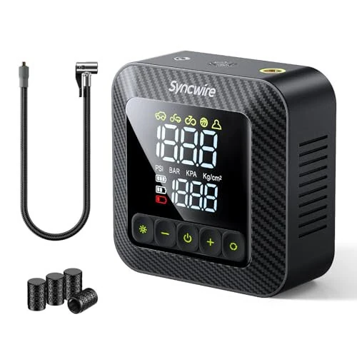 Syncwire Tire Inflator Portable Air Compressor 150PSI Air Pump for Car Tires [3X Faster] Inflation Electric Smart Tire Pump with Extra-Large LCD Dual Value Display [Free Car Tire Valve Caps], Auto-Off - SYNCWIRE