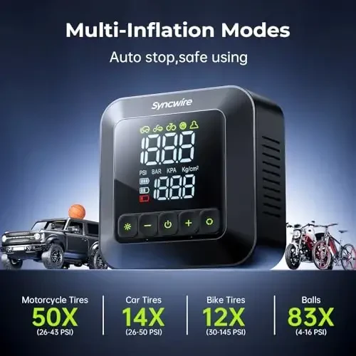 Syncwire Tire Inflator Portable Air Compressor 150PSI Air Pump for Car Tires [3X Faster] Inflation Electric Smart Tire Pump with Extra-Large LCD Dual Value Display [Free Car Tire Valve Caps], Auto-Off - 4