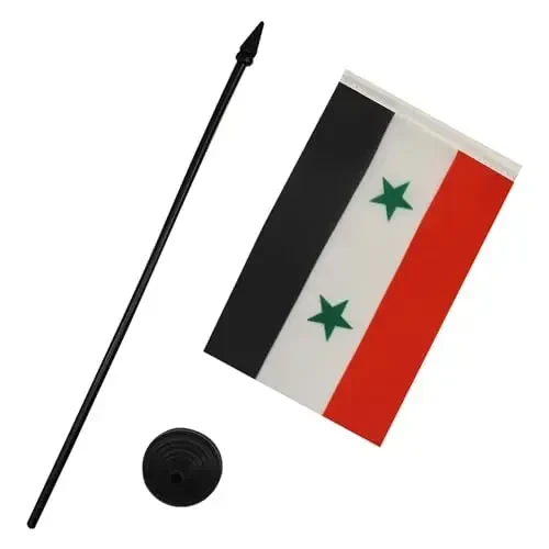 Syria Table Flag 4'' x 6'' - Syrian Desk Flag 15 x 10 cm. - Black plastic stick and base - AZ FLAG - 3