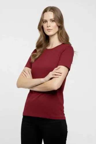 T-Shirt Bisiklet Yaka Slim Fit Likralı Tişört Günlük Basic Body - Bordo - BÜYÜKBEDENIZ (1)