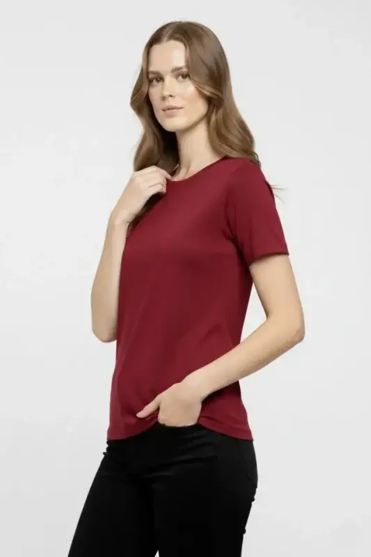 T-Shirt Bisiklet Yaka Slim Fit Likralı Tişört Günlük Basic Body - Bordo - 3