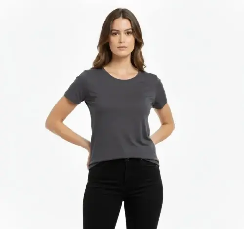 T-Shirt Bisiklet Yaka Slim Fit Likralı Tişört Günlük Basic Body - Füme - 3