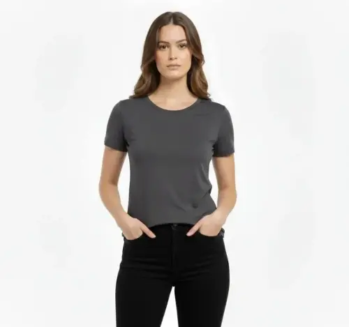 T-Shirt Bisiklet Yaka Slim Fit Likralı Tişört Günlük Basic Body - Füme - BÜYÜKBEDENIZ (1)