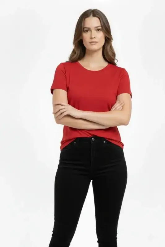 T-Shirt Bisiklet Yaka Slim Fit Likralı Tişört Günlük Basic Body - Kırmızı - BÜYÜKBEDENIZ