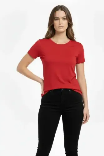 T-Shirt Bisiklet Yaka Slim Fit Likralı Tişört Günlük Basic Body - Kırmızı - BÜYÜKBEDENIZ (1)