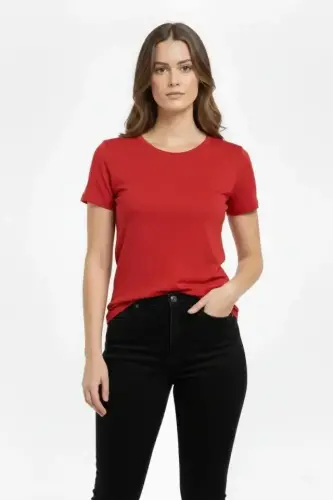 T-Shirt Bisiklet Yaka Slim Fit Likralı Tişört Günlük Basic Body - Kırmızı - 3